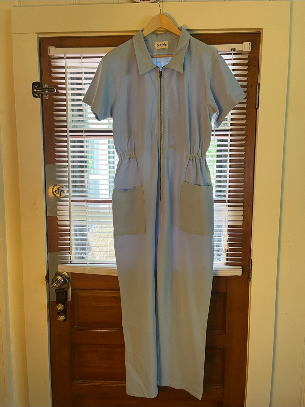 Noble Light Blue Short-Sleeve Zip Front Jumpsuit